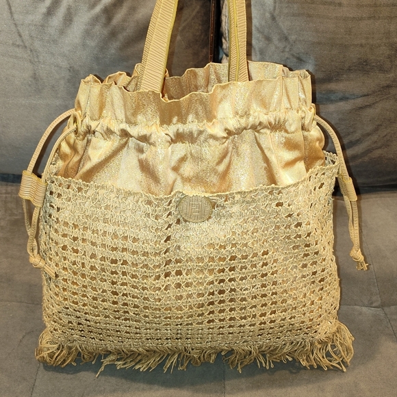RARE FENDI S.A.S ZUCCA CROCHET GOLD  METALLIC DRAW-STRING FRINGE SHOULDER BAG - Picture 7 of 16